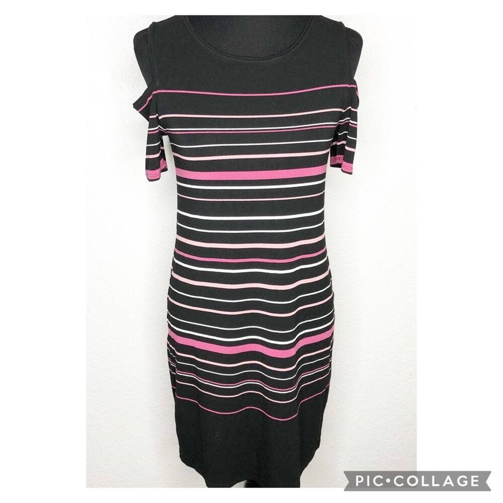 WHBM black white pink striped cold shoulder knit dress size Small